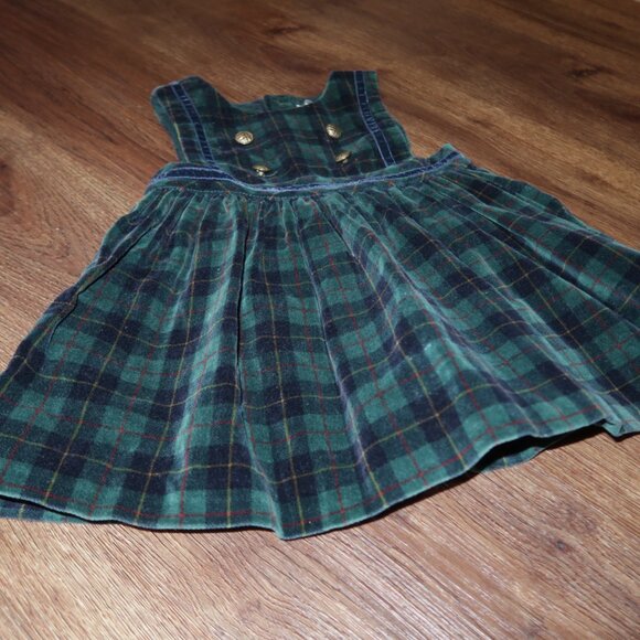 Vintage Girls Navy Blue Green Tartan Plaid Velvet Jumper Dress Gold Buttons 24m - Picture 2 of 5